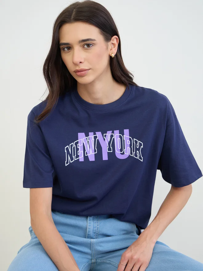 Styli Navy Blue Slogan Print Cotton T-Shirt