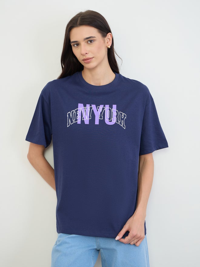 Styli Navy Blue Slogan Print Cotton T-Shirt - Image 3