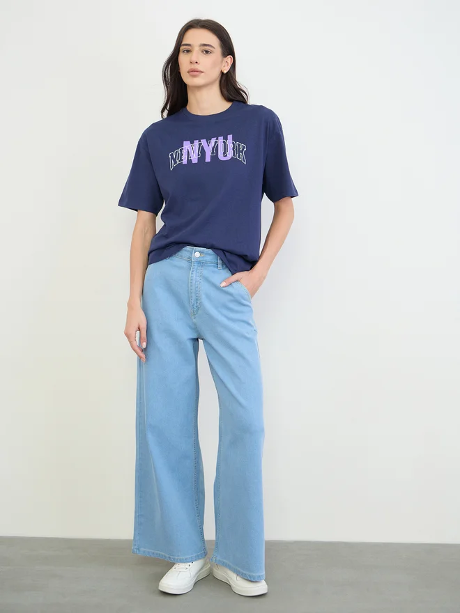 Styli Navy Blue Slogan Print Cotton T-Shirt