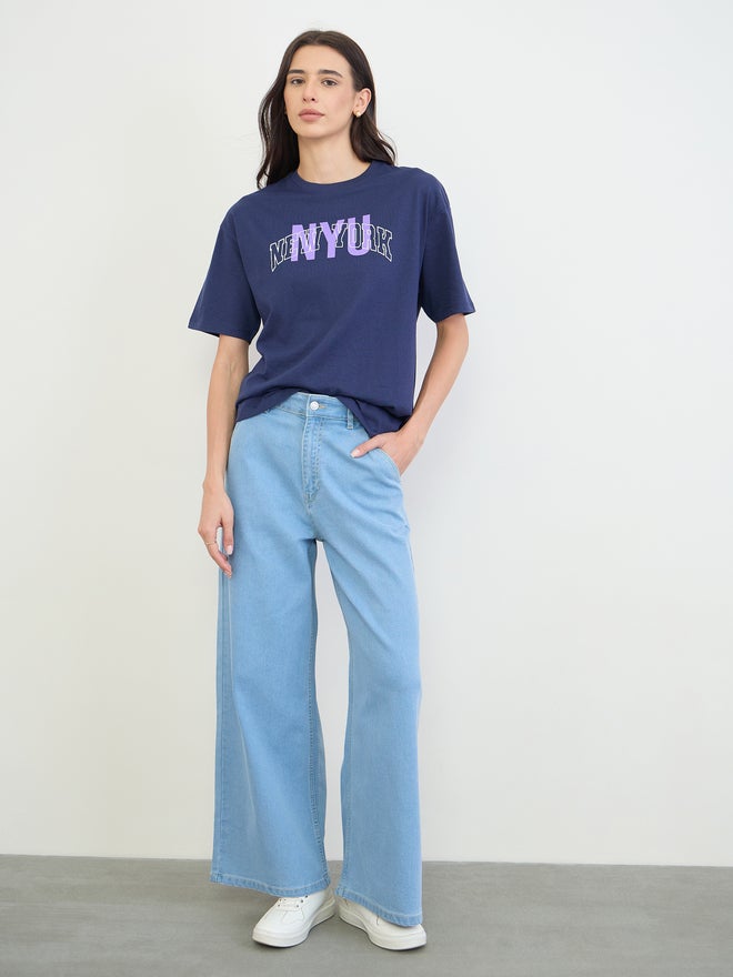Styli Navy Blue Slogan Print Cotton T-Shirt - Image 2