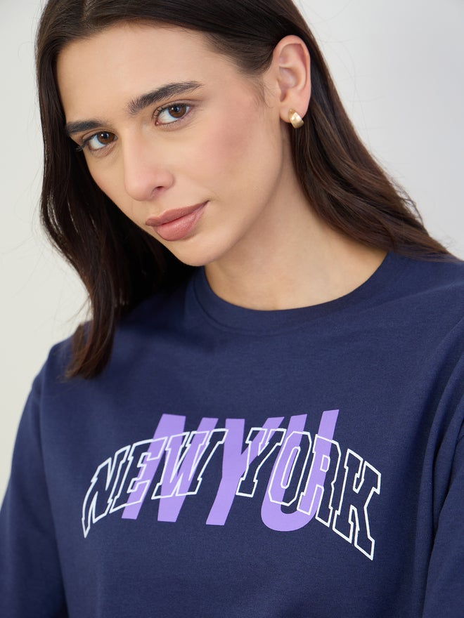 Styli Navy Blue Slogan Print Cotton T-Shirt - Image 4