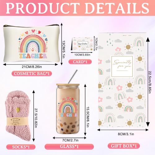 DHQH Teacher Christmas Gifts,Teacher Appreciation Gift for Women, Birthday Thank You Gifts Basket with 16OZ Glass Cup Makeup Bag - Image 2