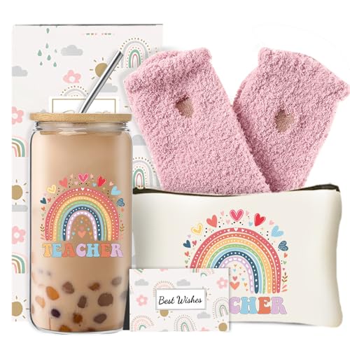DHQH Teacher Christmas Gifts,Teacher Appreciation Gift for Women, Birthday Thank You Gifts Basket with 16OZ Glass Cup Makeup Bag - Image 1