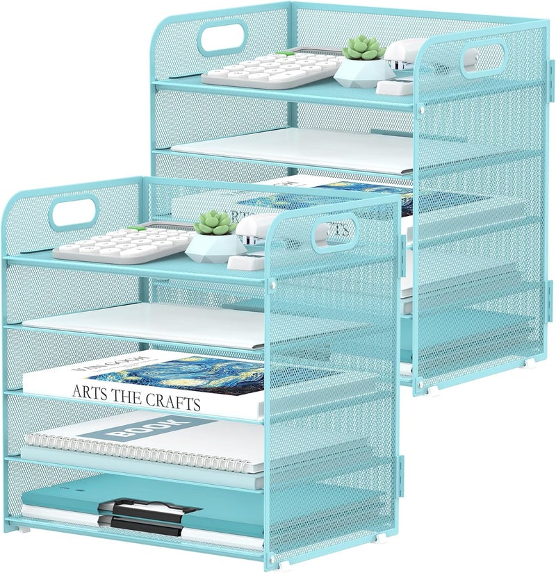 SUPEASY 2 Pack 5-Tier Blue Desk Organizer with Handle Mesh Desk File/Paper Organizer Letter Tray for Office, School and Home Easy Installation - Image 1