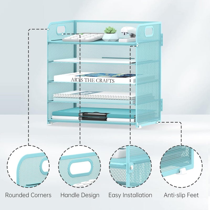 SUPEASY 2 Pack 5-Tier Blue Desk Organizer with Handle Mesh Desk File/Paper Organizer Letter Tray for Office, School and Home Easy Installation - Image 3