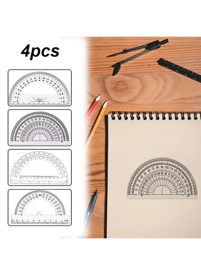 4 Pcs Transparent Plastic Protractor 360 Degree Angle Measuring Tool With Black Markings For Precise Measurement Ideal For Students And Artists Drawing Tool Transparent Design Durable Plastic - Image 1