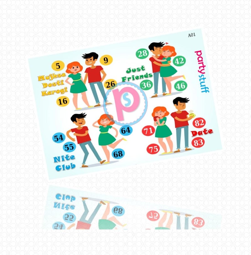 PartyStuff Romance Theme Tambola Housie Tickets - Boy Girl Friend kukuba 1 - Designer Kukuba (48 Cards) - Image 2