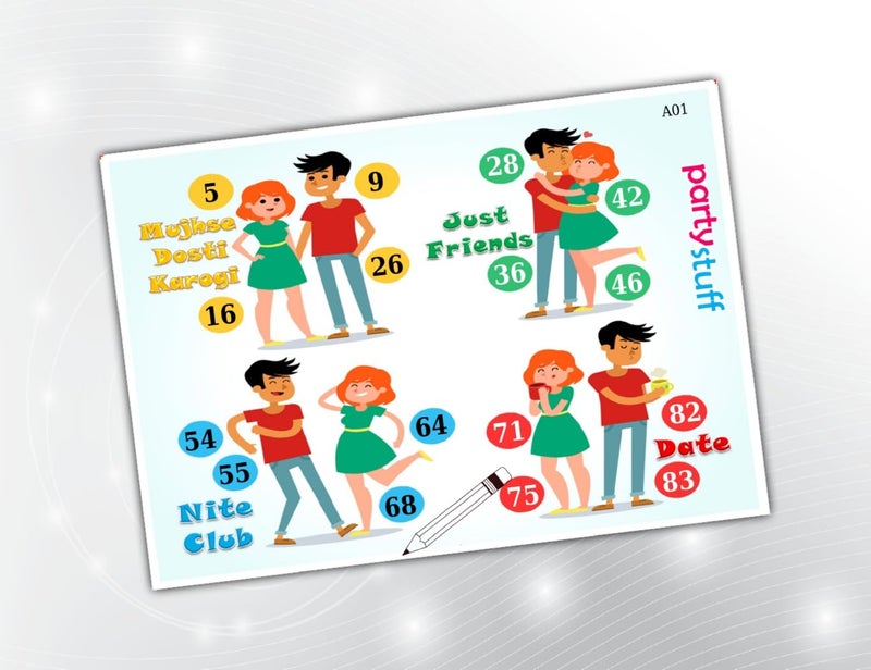 PartyStuff Romance Theme Tambola Housie Tickets - Boy Girl Friend kukuba 1 - Designer Kukuba (48 Cards) - Image 1