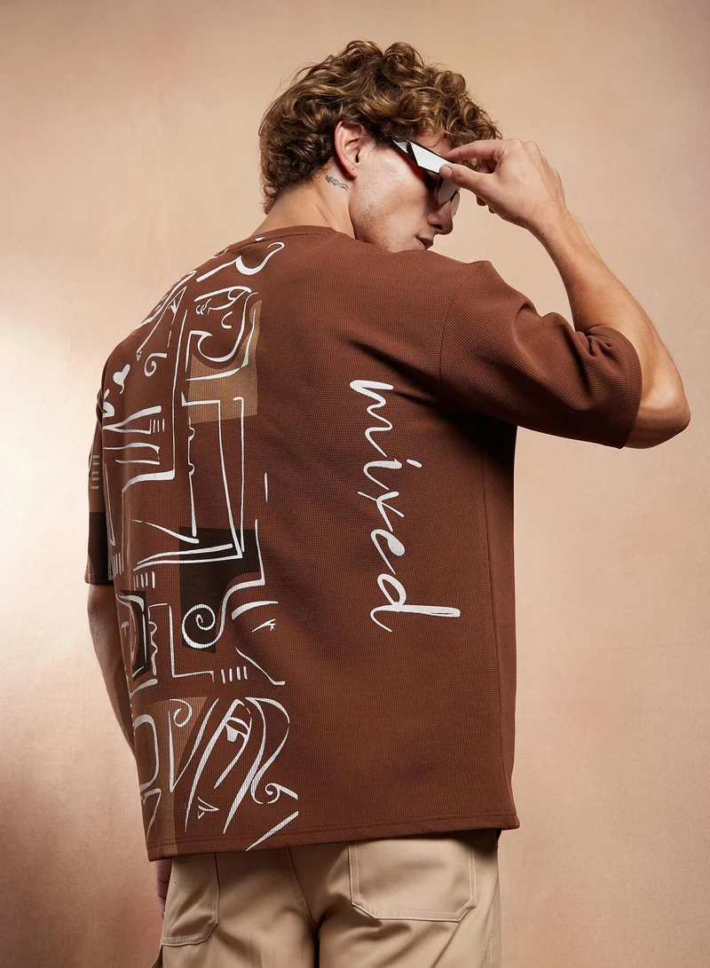 Campus Sutra Men's Mocha Brown Boxy Folk-Wave T-Shirt