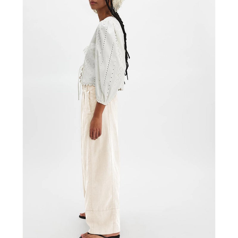Songling Wide Leg Linen Pants for Women Summer Cotton Casual Palazzo Pant Boho Flowy Beach Pants with Pockets(Apricot,M) - Image 3