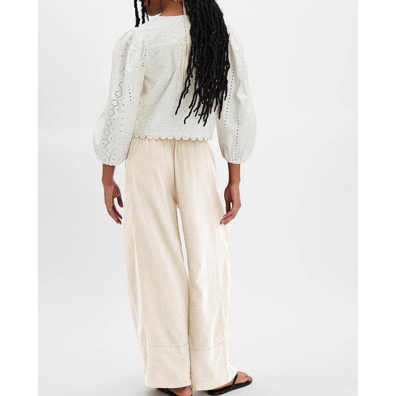 Songling Wide Leg Linen Pants for Women Summer Cotton Casual Palazzo Pant Boho Flowy Beach Pants with Pockets(Apricot,M) - Image 4