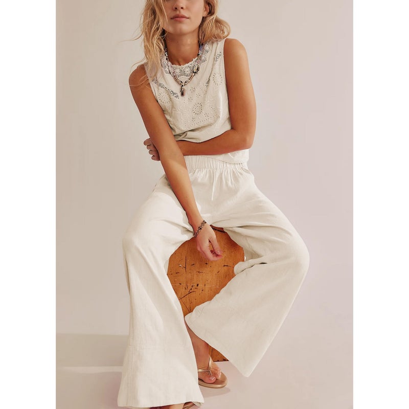 Songling Wide Leg Linen Pants for Women Summer Cotton Casual Palazzo Pant Boho Flowy Beach Pants with Pockets(Apricot,M) - Image 5
