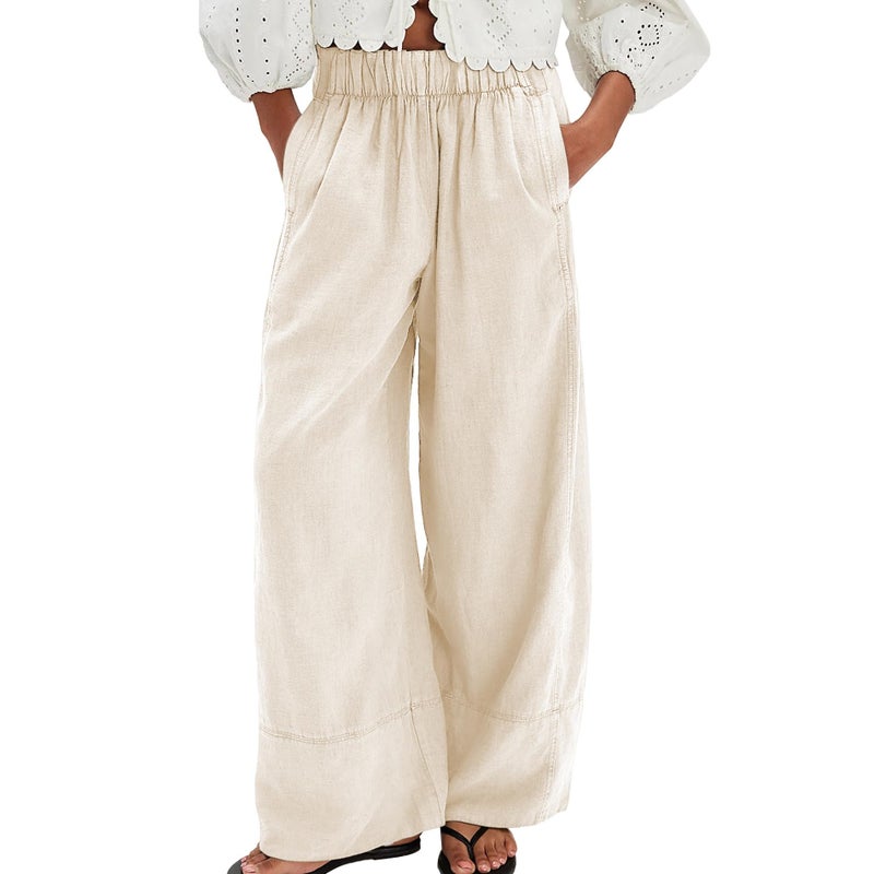 Songling Wide Leg Linen Pants for Women Summer Cotton Casual Palazzo Pant Boho Flowy Beach Pants with Pockets(Apricot,M) - Image 1