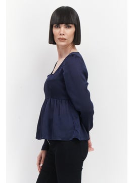 1 State Women Square Neck Long Sleeve Blouse, Navy Blue  - Image 2