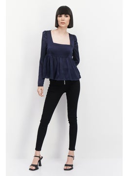 1 State Women Square Neck Long Sleeve Blouse, Navy Blue  - Image 3