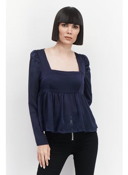 1 State Women Square Neck Long Sleeve Blouse, Navy Blue  - Image 1