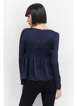 1 State Women Square Neck Long Sleeve Blouse, Navy Blue  - Image 4