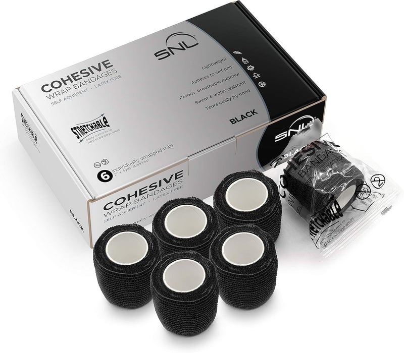 SNL Black  Cohesive Bandage Wrap 2 x 5 Yards by SNL Latex Free Individually Wrapped Rolls Adhesive Stretchable Breathable First Aid Sports Athletic Ankle Medical Tape Humans  Animals  6 Pack - Image 1