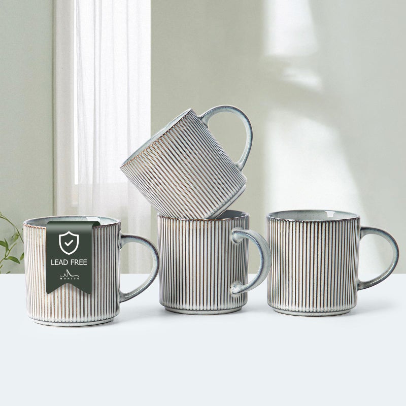 MONITO 16Oz Coffee Mugs Set of 4 Rustic Ceramic Coffee Cups Set with Large Handle Vintage Striped Stoneware Coffee Mugs for Latte Cocoa Tea Milk Microwave  Dishwasher Safe Smoky Blue