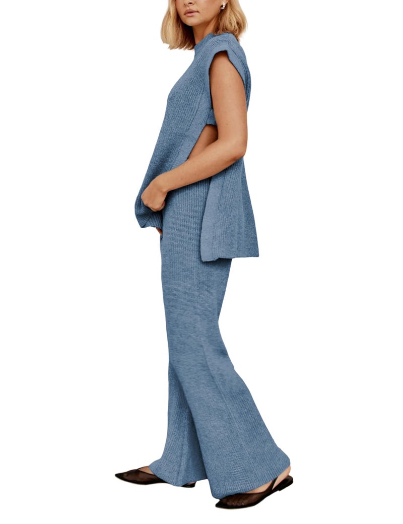 Lviefent Womens 2 Piece Outfits Sweater Set Sleeveless Side Slit Pullover Top Knit Wide Leg Pants Lounge Matching Sets (DustyBlue-M) - Image 1