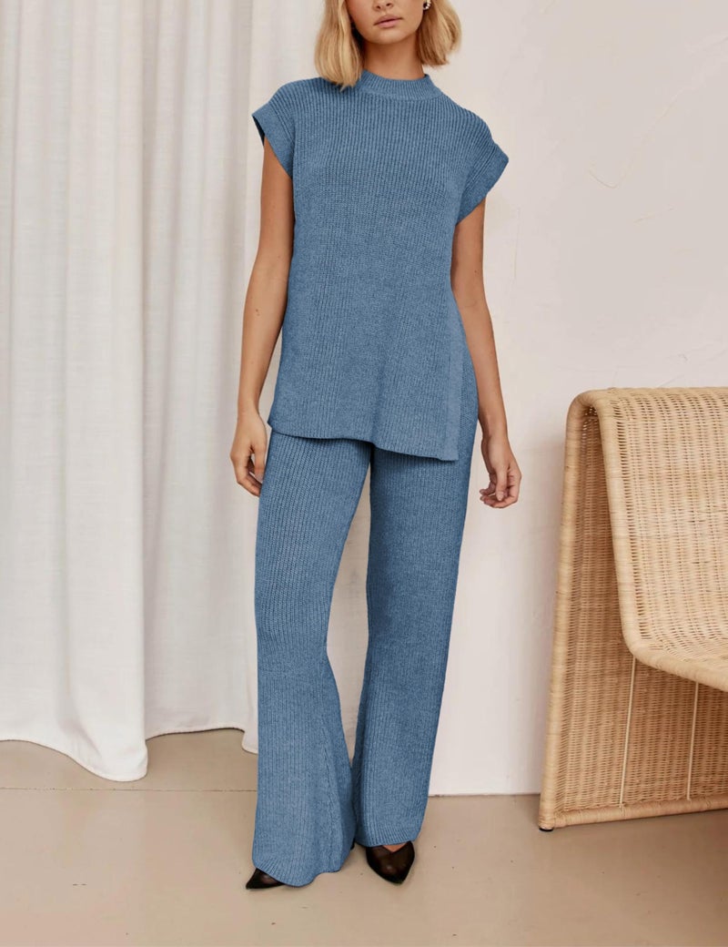 Lviefent Womens 2 Piece Outfits Sweater Set Sleeveless Side Slit Pullover Top Knit Wide Leg Pants Lounge Matching Sets (DustyBlue-M) - Image 3