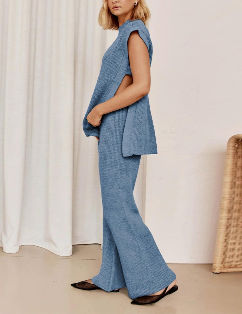 Lviefent Womens 2 Piece Outfits Sweater Set Sleeveless Side Slit Pullover Top Knit Wide Leg Pants Lounge Matching Sets (DustyBlue-M) - Image 4