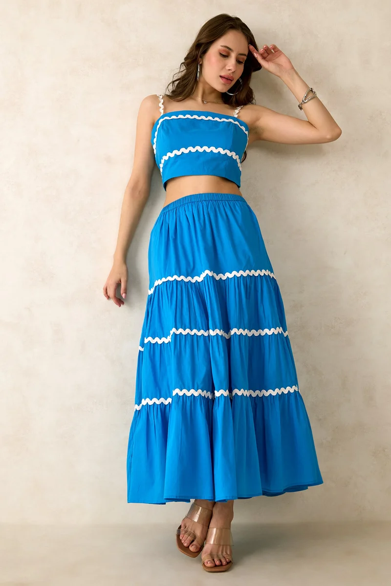 Virgio Solid Cotton Blue Tiered Skirt for Women