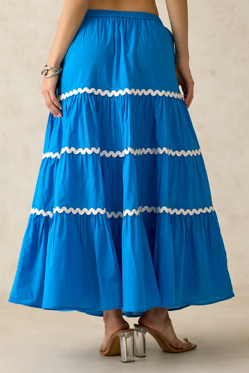 Virgio  Solid Cotton Blue Tiered Skirt for Women for Women | Best Price UAE