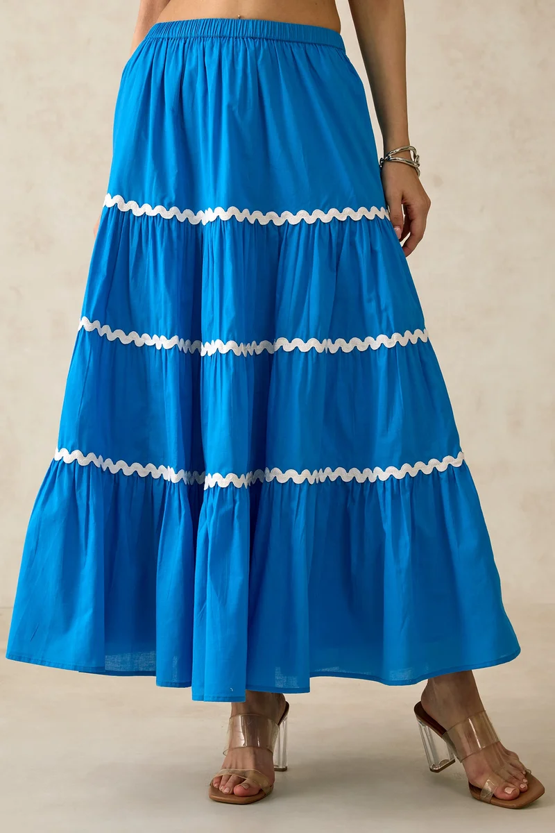 Virgio Solid Cotton Blue Tiered Skirt for Women