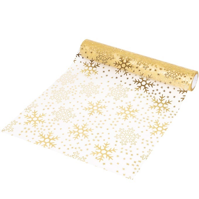 10 YARDS CHRISTMAS TABLE RUNNER GOLD SNOWFLAKES ORGANZA TULLE ROLL GLITTER FOIL TABLE CLOTH FOR CHRISMAS TABLE DECORATIONS DIY CRAFTS XMAS PARTY DECOR GIFT WRAPPING