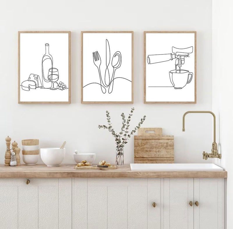 LOARTVE 3Pcs Line Drawing Kitchen Wall Art, Modern Black White Minimalist Kitchen Abstract Line Art Posters Prints Dining Room Wall Decor Canvas Paintings Pictures Home Decoration, Unframed (line art, 12x16in - Image 3