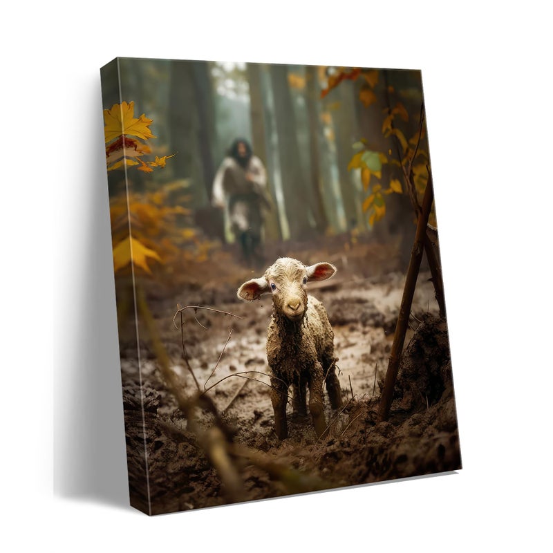 Ploceiny Religious wall decor for prayer room Christian wall art for Christmas decorations indoor Jesus and Lamb canvas wall prints Jesus Running After Lost Lamb Picture for home decor Baptism gifts for boys-girl serenity prayer wall art Christian gifts for Women,christians,pastor,teachers A-333 - Image 1