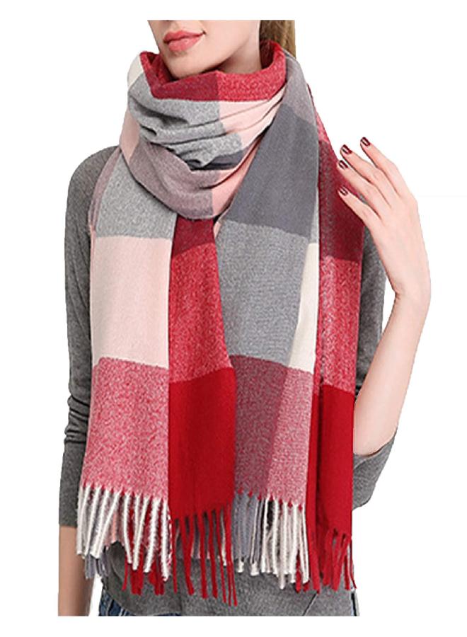 Wander Agio Women's Fashion Scarves Long Shawl Winter Thick Warm Knit Large Scarf Plaid Rough Wine Red Medium - Image 2