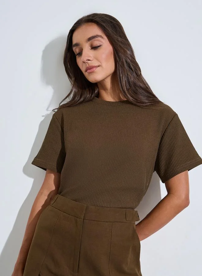 ستايلي Brown Flat Knit Round Neck T-Shirt