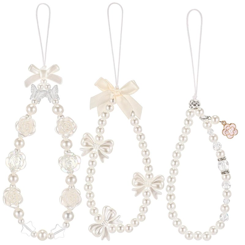 Flavizo 3 Pcs Phone Charms Set, Cute Pearl Chain with Rose Flower and Bow Design, Decorative Mobile Lanyard Keyring Accessory for Girls, Stylish Case Ornament Gift - Image 1