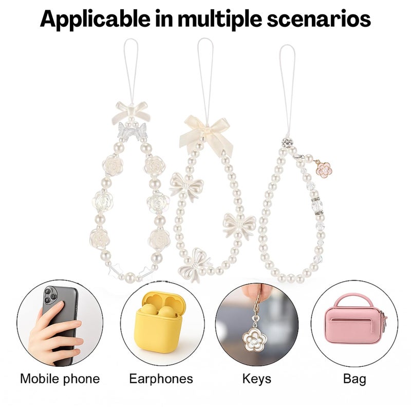 Flavizo 3 Pcs Phone Charms Set, Cute Pearl Chain with Rose Flower and Bow Design, Decorative Mobile Lanyard Keyring Accessory for Girls, Stylish Case Ornament Gift - Image 3
