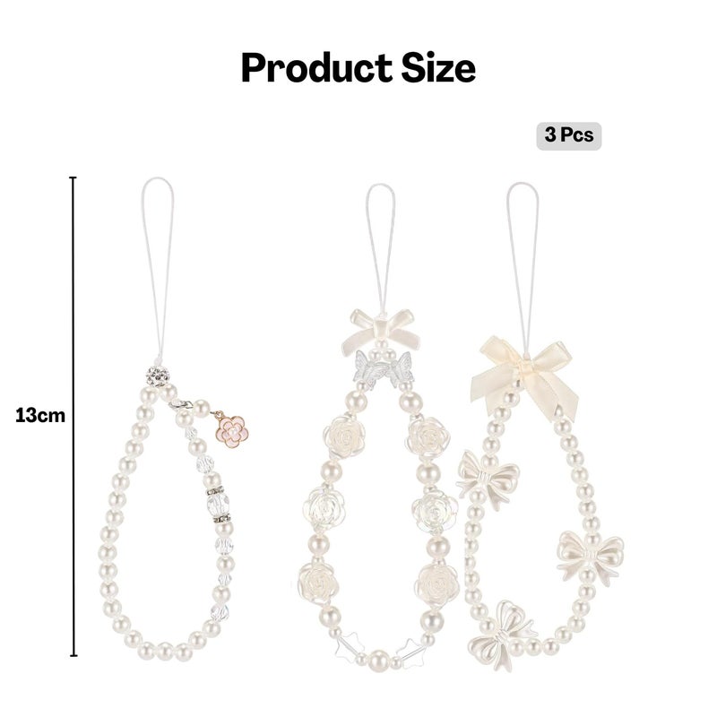 Flavizo 3 Pcs Phone Charms Set, Cute Pearl Chain with Rose Flower and Bow Design, Decorative Mobile Lanyard Keyring Accessory for Girls, Stylish Case Ornament Gift - Image 2