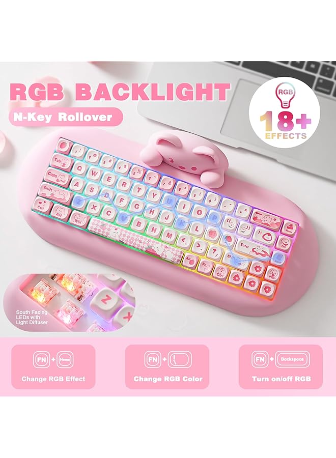 YUNZII C68 Wireless Mechanical Keyboard 65% Gaming Hot Swap Triple Mode Bt5.0/2.4G/Wired Gaming Keyboard Rgb Backlit Nkro Ergonomic For Win/Mac (Pink Milk Switch)  - Image 4