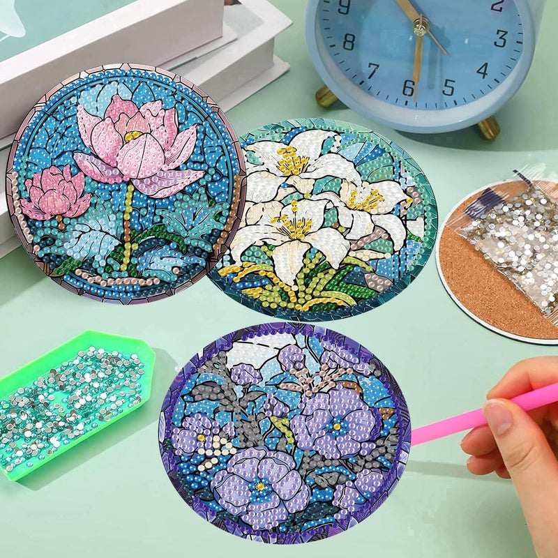 mrpwnle 8 Pack Diamond Art Coasters Kits, Flowers Diamond Painting Coasters Kit Set with Holder Cork Pads, DIY Flower Diamonds Art Non Slip Coaster Crafts Kits for Adults Beginners Gifts - Image 4