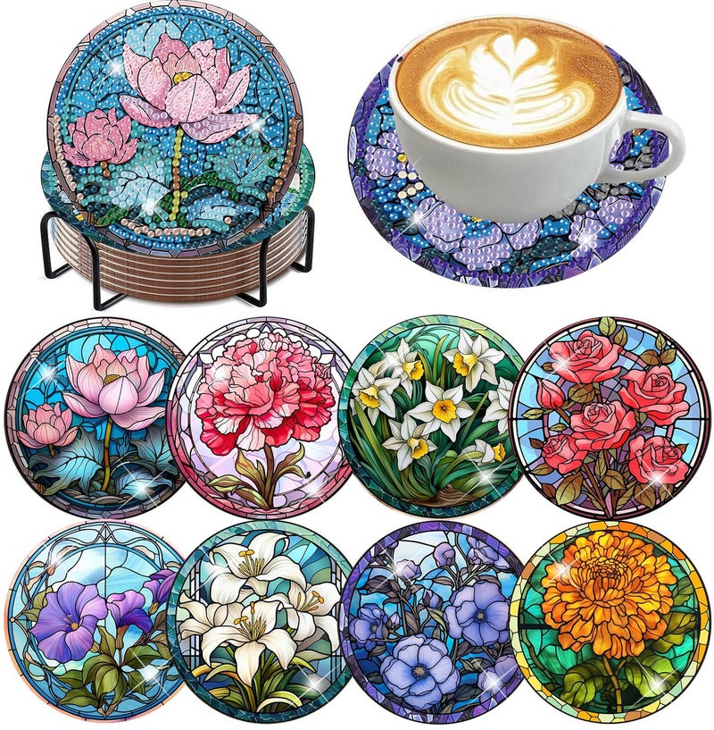 mrpwnle 8 Pack Diamond Art Coasters Kits, Flowers Diamond Painting Coasters Kit Set with Holder Cork Pads, DIY Flower Diamonds Art Non Slip Coaster Crafts Kits for Adults Beginners Gifts - Image 1