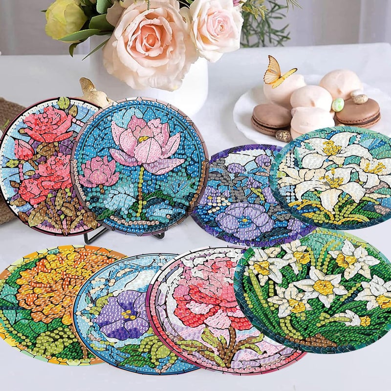 mrpwnle 8 Pack Diamond Art Coasters Kits, Flowers Diamond Painting Coasters Kit Set with Holder Cork Pads, DIY Flower Diamonds Art Non Slip Coaster Crafts Kits for Adults Beginners Gifts - Image 2