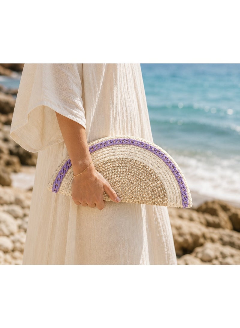 LIFESTYLISH Women's Woven Raffia Semi-Circle Clutch Bag with Braided Trim ZK-6 - Beige - Image 2
