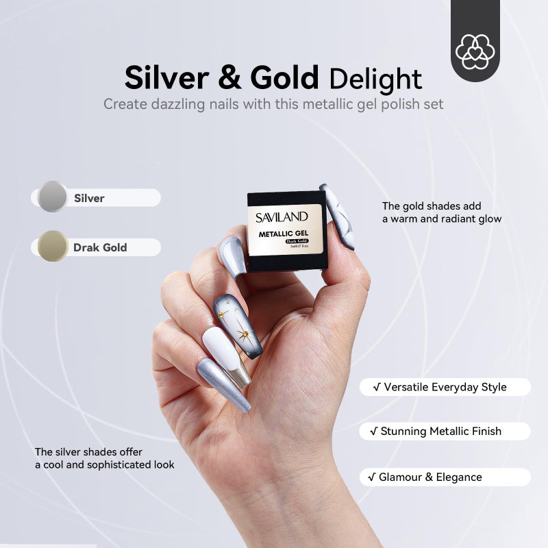 SAVILAND Metallic Gel Nail Polish Set: Silver & Gold Chrome Gel Polish 3D Metal Painting Gels Mirror Nail Polish Soak Off UV LED Chrome 3D Effect Nail Glue Gels for Salon Manicure Home DIY - Image 5