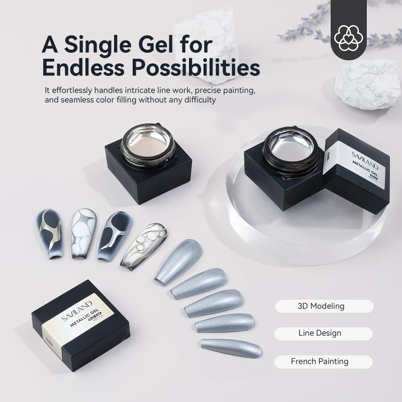 SAVILAND Metallic Gel Nail Polish Set: Silver & Gold Chrome Gel Polish 3D Metal Painting Gels Mirror Nail Polish Soak Off UV LED Chrome 3D Effect Nail Glue Gels for Salon Manicure Home DIY - Image 2