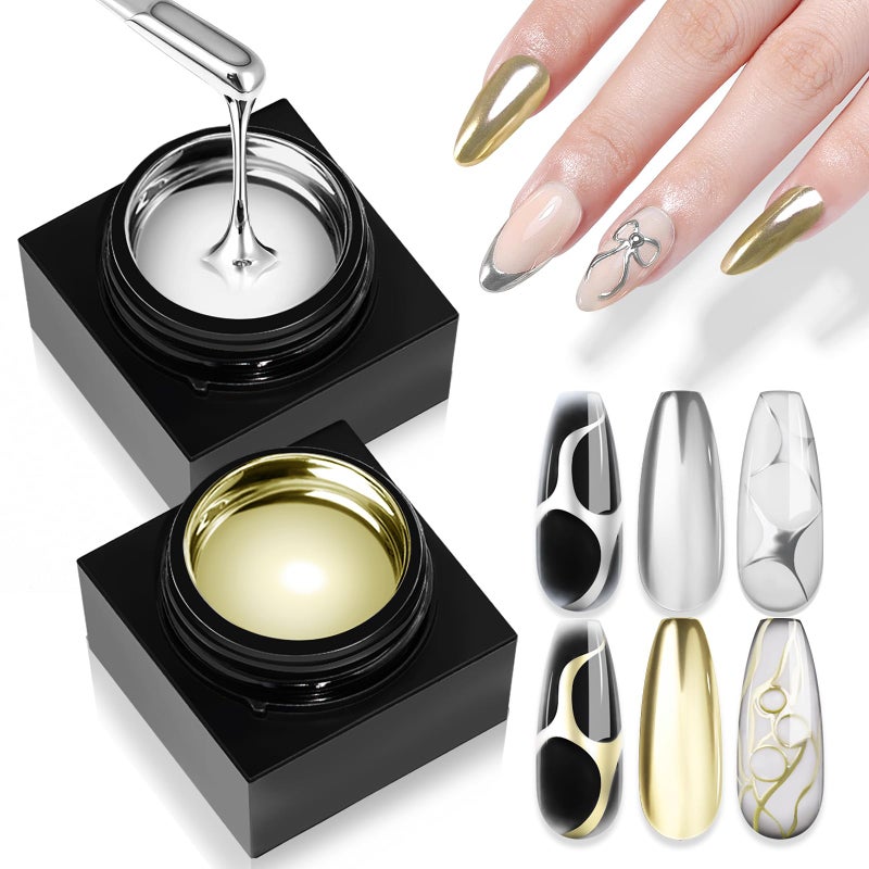 SAVILAND Metallic Gel Nail Polish Set: Silver & Gold Chrome Gel Polish 3D Metal Painting Gels Mirror Nail Polish Soak Off UV LED Chrome 3D Effect Nail Glue Gels for Salon Manicure Home DIY - Image 1