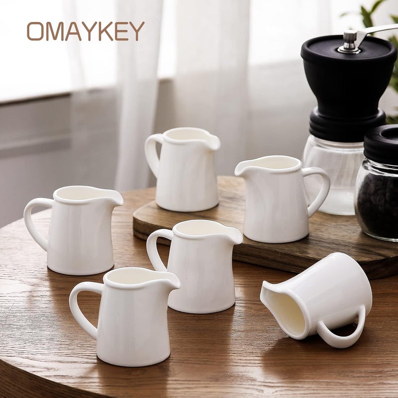 OMAYKEY 4.5 OZ 6-pcs Porcelain Creamer with Handle, Small Ceramic Cream Pitcher Sauce Pitcher Serving for Coffee Tea Milk - White - Image 2
