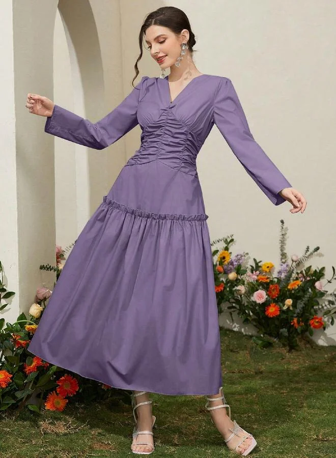Take Two Purple Front Ruched Panel Maxi Dress