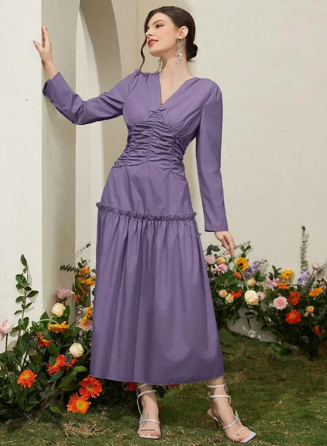 Take Two Take Two Purple Front Ruched Panel Maxi Dress