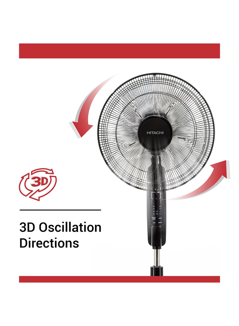 HITACHI AC Stand Fan with Remote Control, 16 inch, 3D Oscillation Directions, 70°Head Swing, 3 Speed Levels & Adjustable Height, 5 Leaf Blade with 8 Hours Timer, Best for Home & Office, LFA6RC 55 W LFA6RC LFA6RGBN Black - Image 3