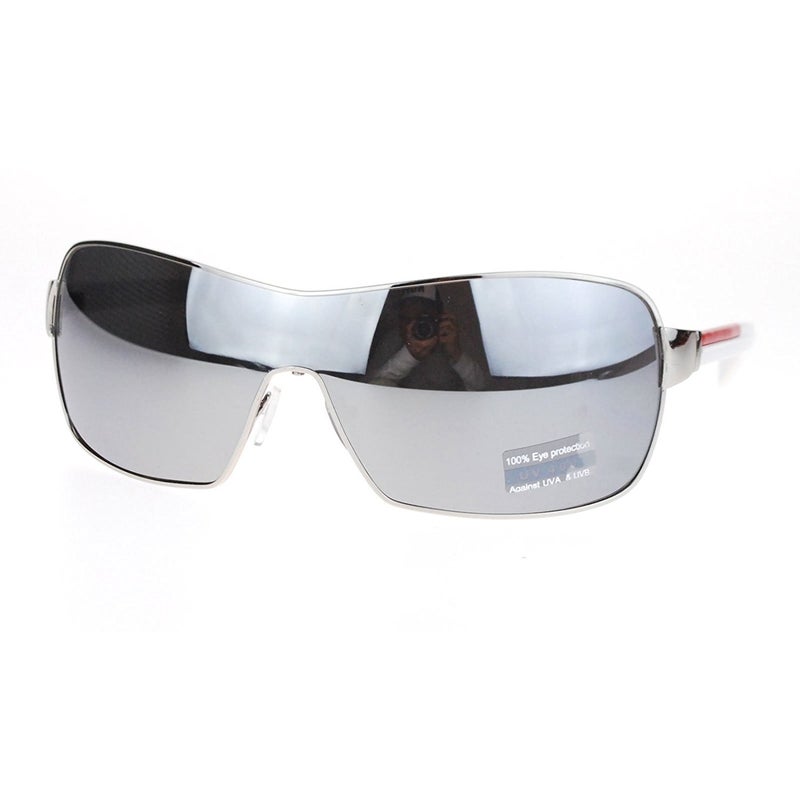 SA106 Mens Italian Designer Fashion Wrap Shield Sport Pilot Sunglasses Silver White - Silver Mirror - Image 2